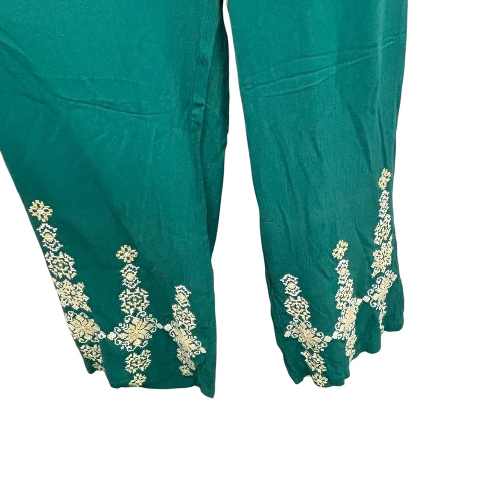 Time for Me Womens Teal Green Embroidered Wide Leg Boho Smocked Pants Large - Picture 5 of 12
